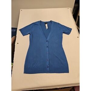 NY & Co Women's Navy Button Up Short Sleeve Cardigan Long Length Size L New